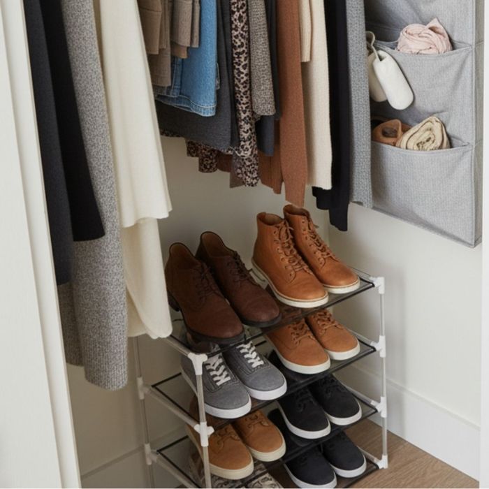 Well-organized closet with clothes on hangers and a shoe rack Well-organized closet with clothes on hangers and a shoe rack