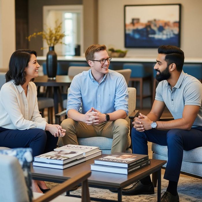 A group of young professional residents socializing in a modern apartment community clubhouse.