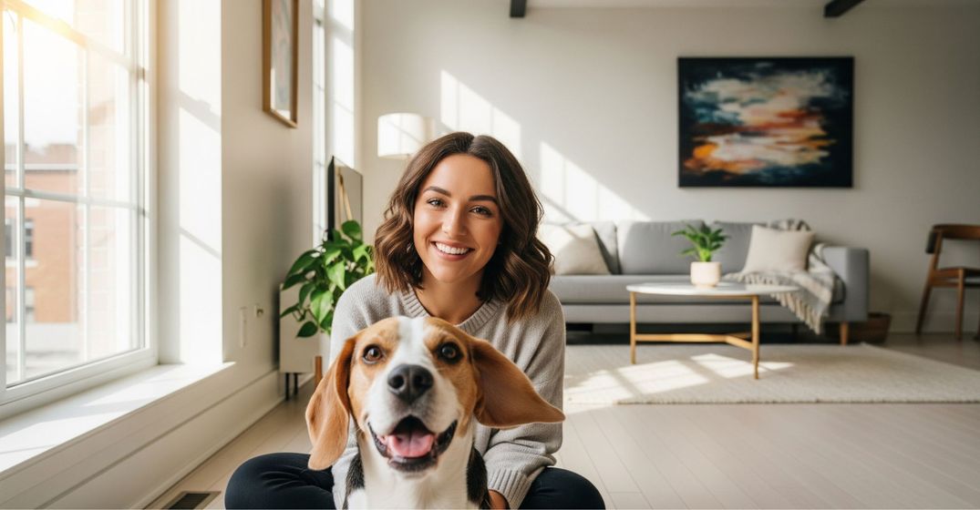 A person and their happy beagle relaxing in a spacious, sunlit living room.