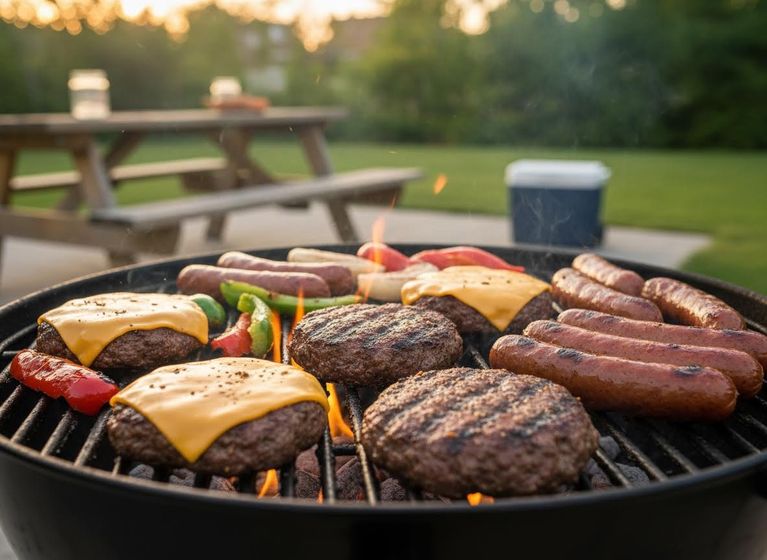 burgers and hot dogs on a grill