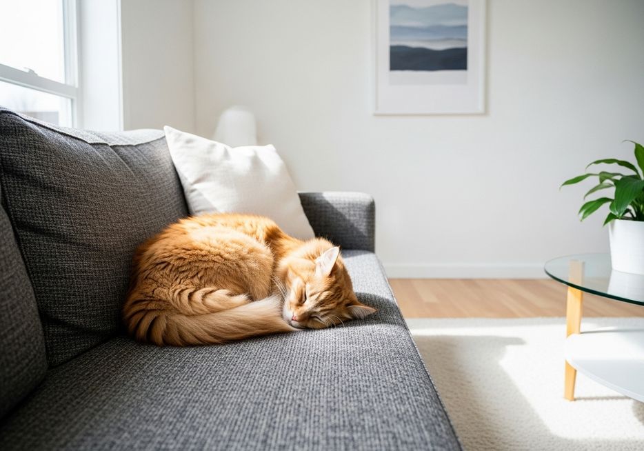 cat resting comfortably on a couch in a clean, modern apartment living room