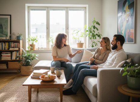 people in an apartment living area talking