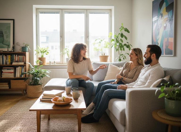 people in an apartment living area talking