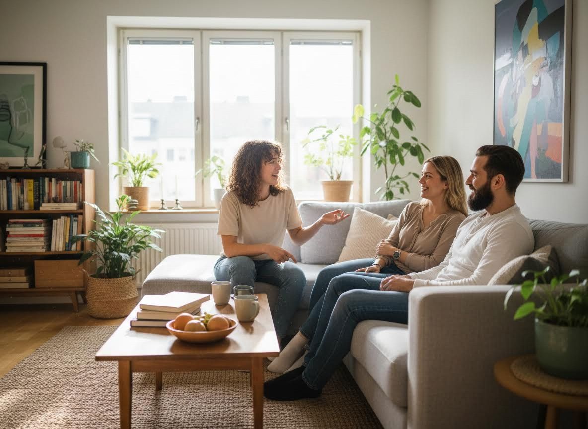 people in an apartment living area talking