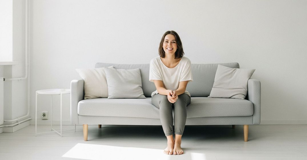 A person relaxing in a simple, sunlit, minimalist apartment living room. A person relaxing in a simple, sunlit, minimalist apartment living room.