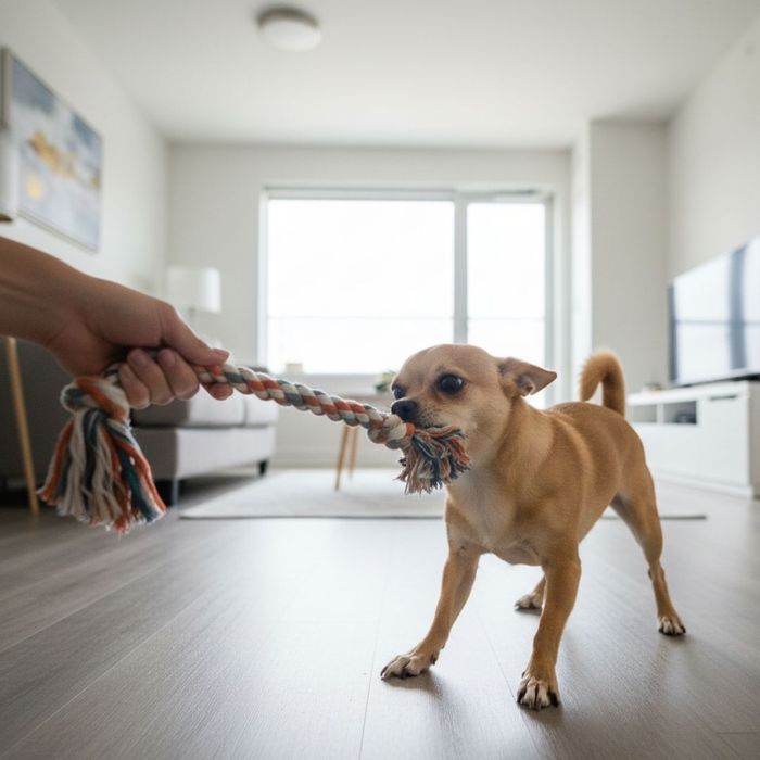dog playing tug of war