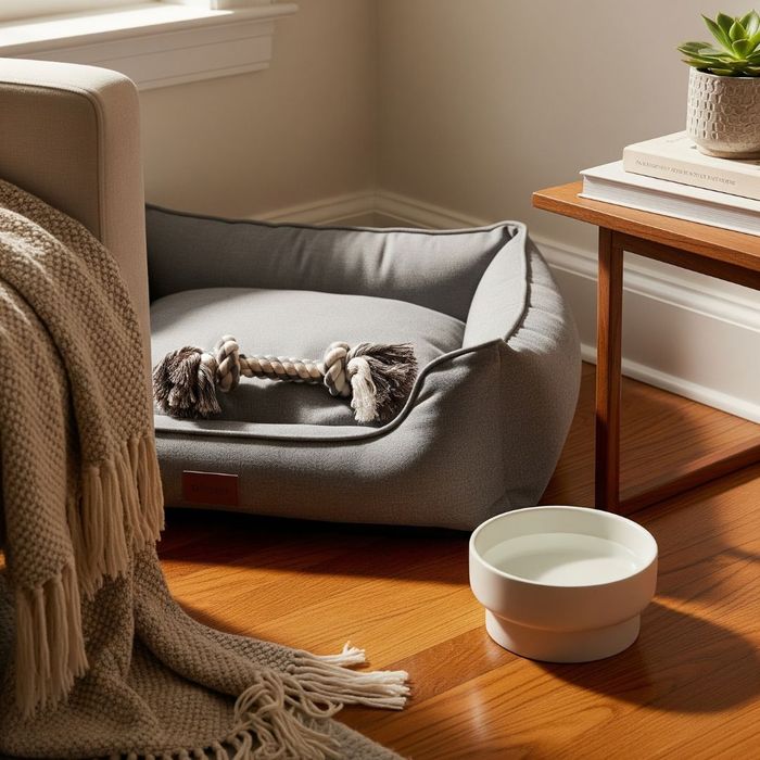 A designated pet den inside an apartment, featuring a comfortable dog bed and toys. A designated pet den inside an apartment, featuring a comfortable dog bed and toys.