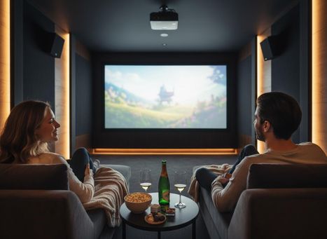 Couple enjoying a movie in a luxurious home theater