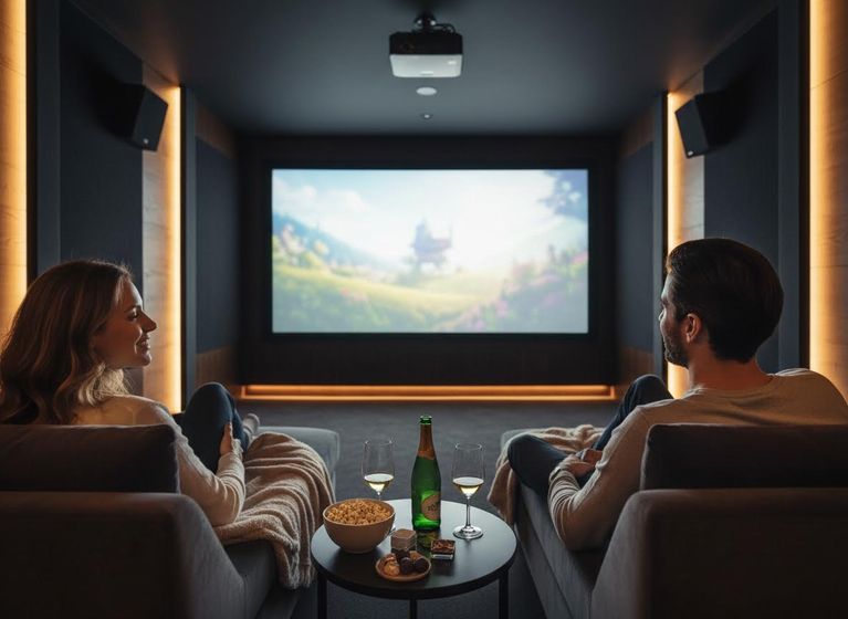Couple enjoying a movie in a luxurious home theater