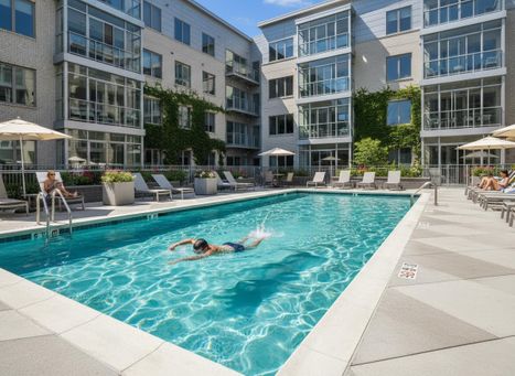 person swimming in a pool at an apartment complex. 