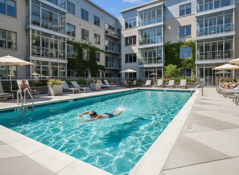person swimming in a pool at an apartment complex. 