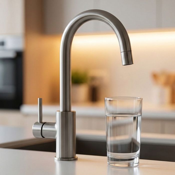 kitchen faucet and a glass of water