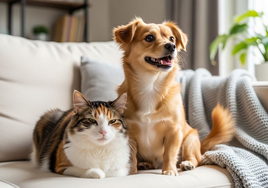 A happy small dog and a fluffy calico cat are sitting together comfortably on a couch