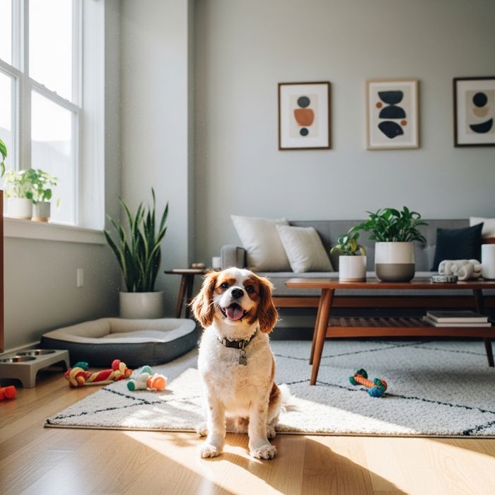 A happy dog in a modern, sunlit, pet-friendly apartment living room.