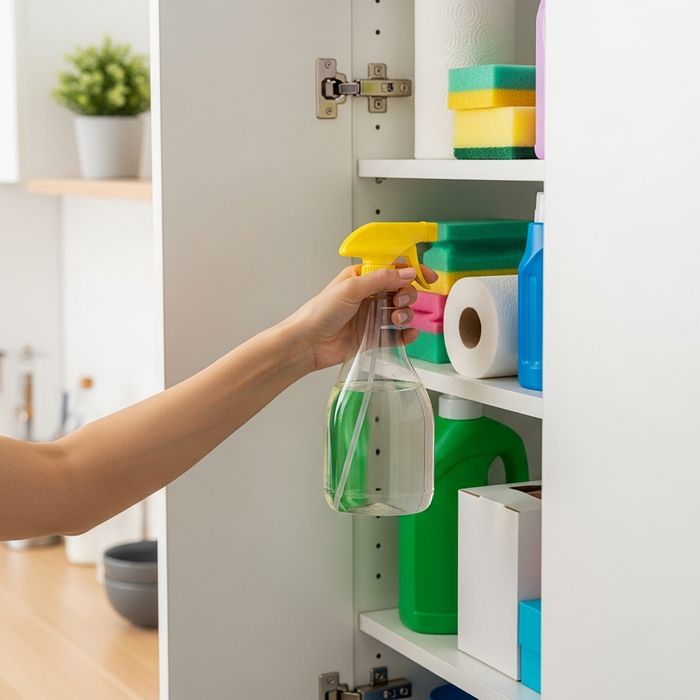 close-up of a hand putting cleaning supplies in a tall cabinet