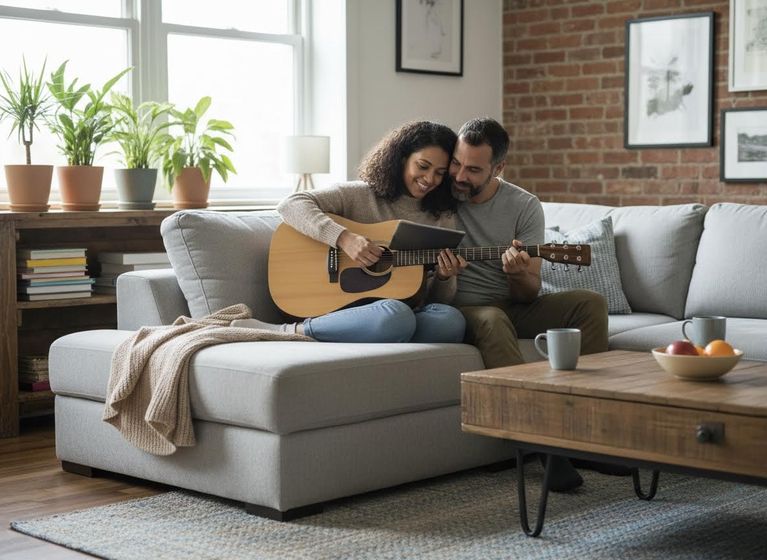 couple in their apartment living room