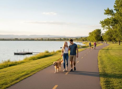 Couple walking their golden retriever by a lake