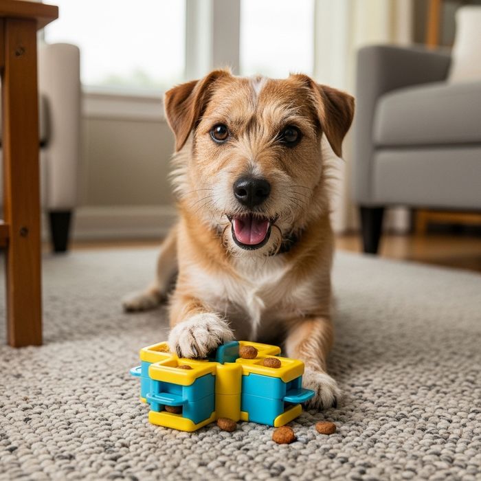 dog happily playing with a treat-dispensing puzzle toy on a living room rug for mental stimulation
