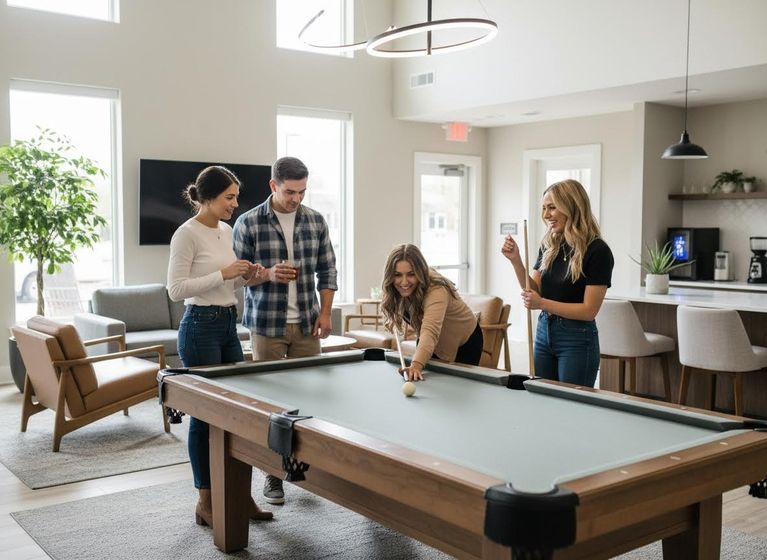 people playing pool in an apartment complex clubhouse