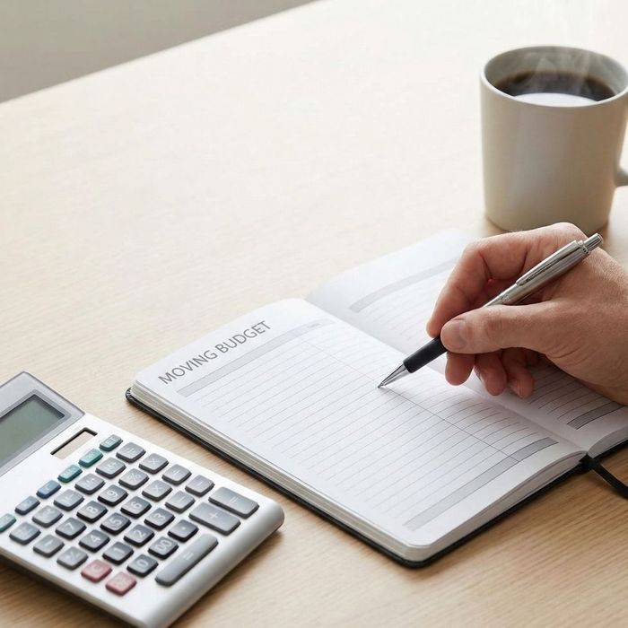 Organized workspace with a notebook focused on moving budget planning