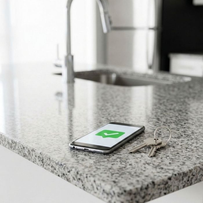 Apartment keys and a smartphone on a modern kitchen island