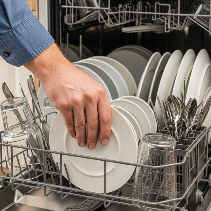 close-up of a hand loading a dishwasher