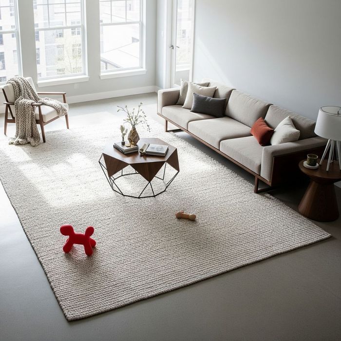An open-concept, spacious apartment living room ideal for pet owners.