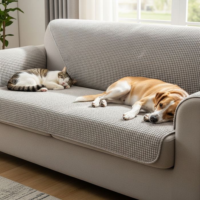 a durable, light-colored, pet-friendly microfiber sofa cover on the sofa.