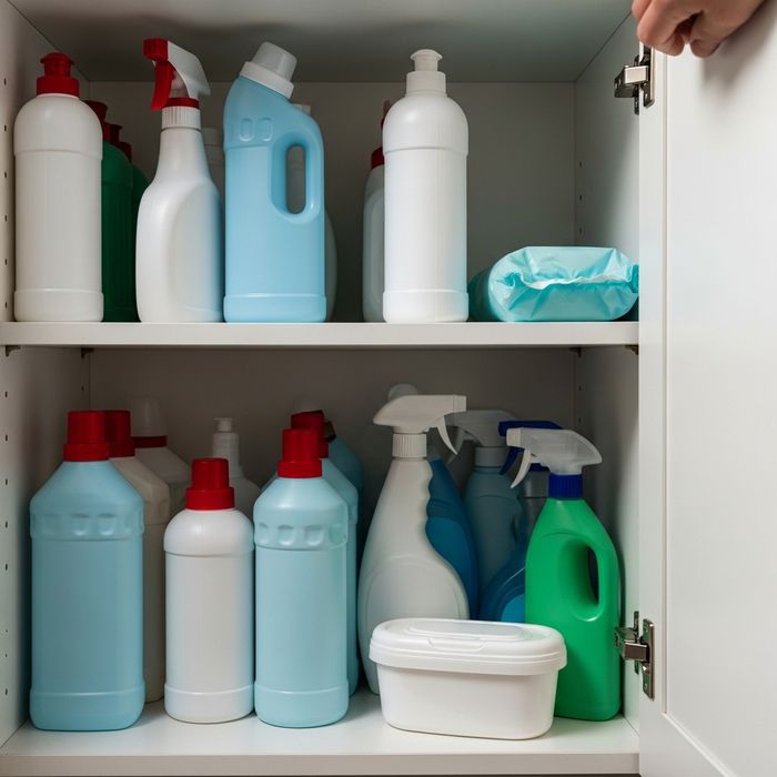 leaning products on a high shelf 