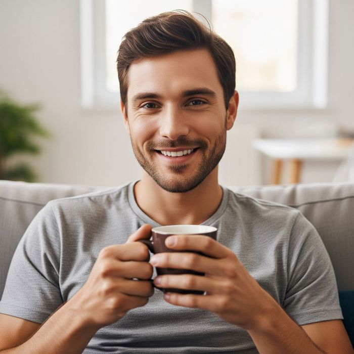 A young man relaxing with coffee in his modern apartment, enjoying a stress-free lifestyle. A young man relaxing with coffee in his modern apartment, enjoying a stress-free lifestyle.