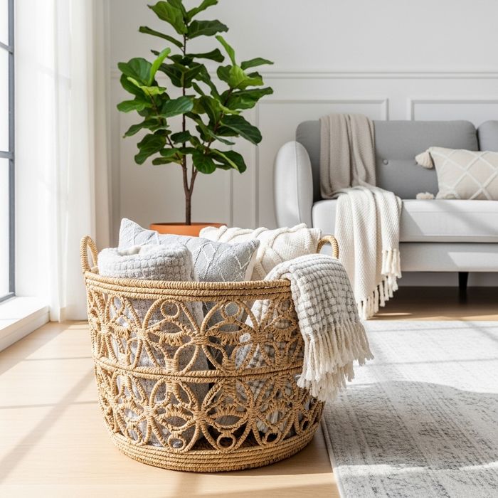 A decorative woven basket used for stylish storage in a modern living room