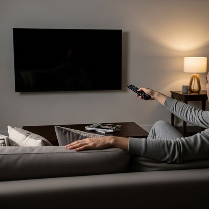 person sitting on a couch and using a remote to turn a tv off  
