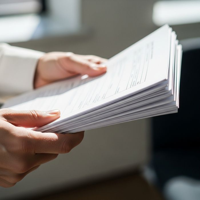 closeup of a person holding a small stack of documents 