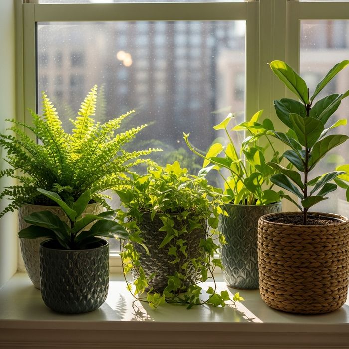 indoor plants in decorative pots sitting in an apartment window sill 