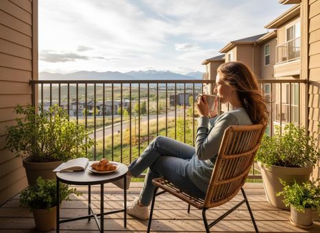 person sitting on a seat having coffee on a small apartment patio