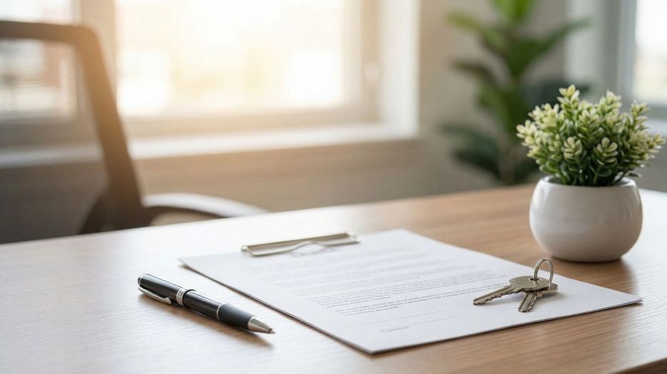 lease agreement and keys on a wooden desk in a bright office lease agreement and keys on a wooden desk in a bright office