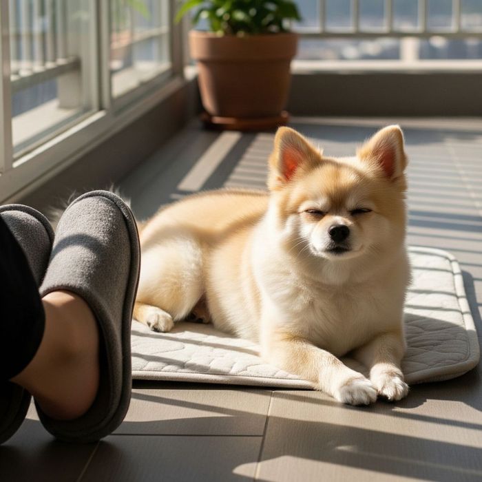 A happy dog relaxing on a sunny, private apartment patio. A happy dog relaxing on a sunny, private apartment patio.