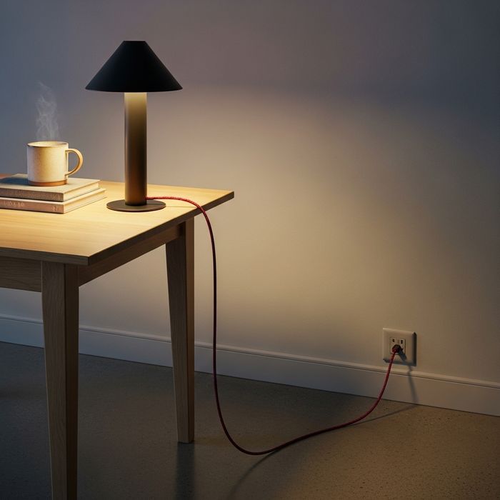 a lamp on a table with the cord running along the floor to an outlet