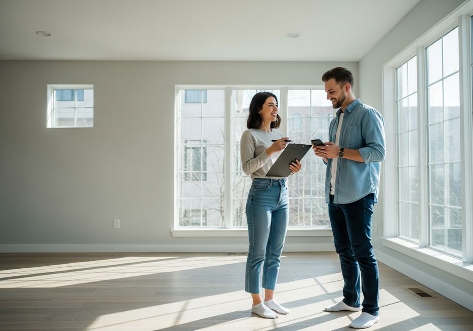 oung couple smiling in an empty, sunny, modern apartment holding a clipboard and phone, representing a move-in checklist and planning.