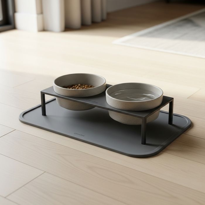 Elevated ceramic food and water bowls for a pet on a protective mat on a clean apartment floor