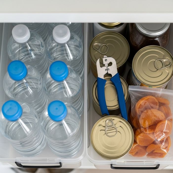 neatly organized close-up shot of bottled water and various non-perishable food items