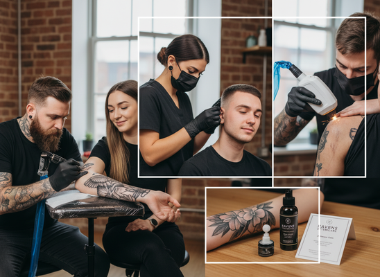 Collage illustrating tattooing, ear piercing, laser tattoo removal, and aftercare products. Body Art Services and Aftercare