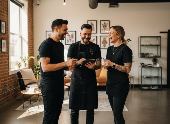 A diverse trio of small business owners, two men and a woman with tattoos, joyfully collaborating on a tablet in their modern, sunlit studio. Three business partners laughing while using a digital tablet