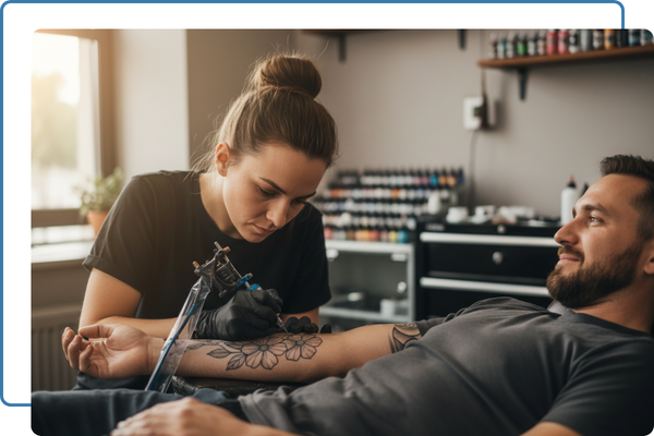 female tattooing males arm 