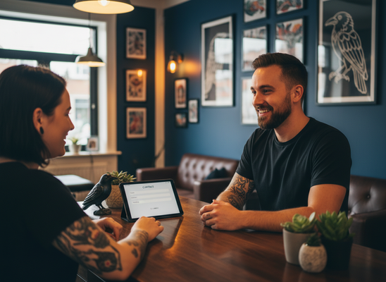 A man and a woman with tattoos smile while looking at a tablet displaying a 'Contact' form. They are at a wooden table in a modern office. Two smiling people interacting with a digital contact form on a tablet
