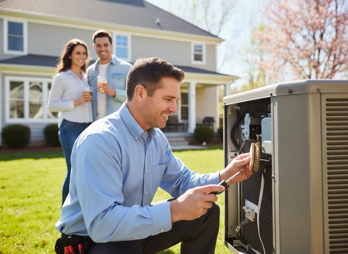 HVAC Technician Cleaning Outdoor Air Conditioner with Homeowners Observing