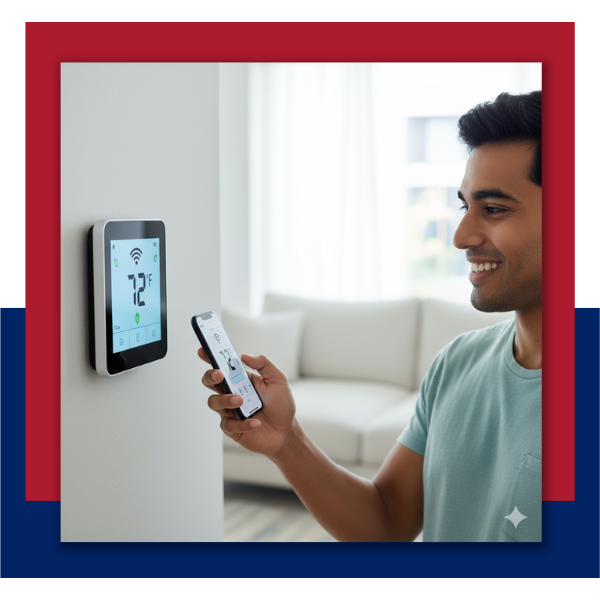 A smiling homeowner in Easley, SC, using a smartphone app to adjust a modern smart thermostat mounted on a white living room wall.