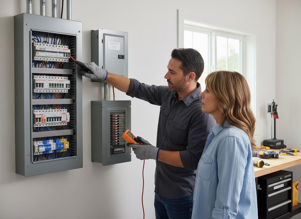 Electrician and Homeowner Inspecting Electrical Panel