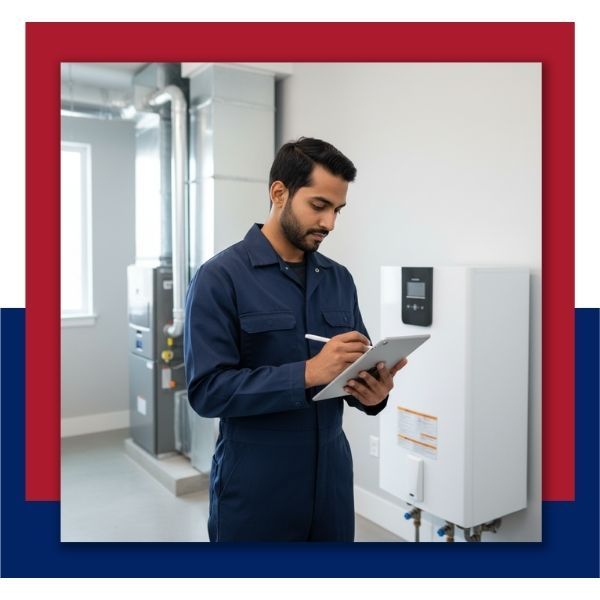 A technician in a dark blue jumpsuit stands in a utility room, writing on a digital tablet next to a furnace and a modern water heater or boiler unit.