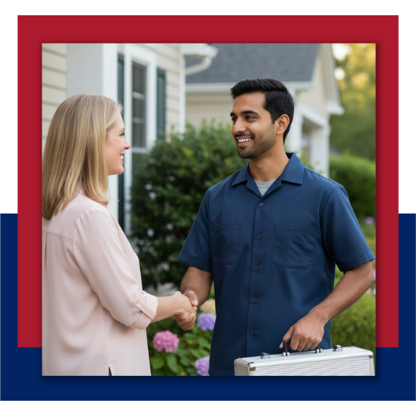 A professional service technician in a blue uniform shaking hands with a homeowner on a residential porch in Gantt, SC, representing trusted local service.